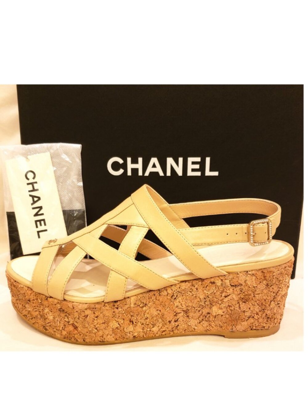 CHANEL Platform Wedge Sandals Size-EU40/~US10 Beige Leather CC Gold-tone logo